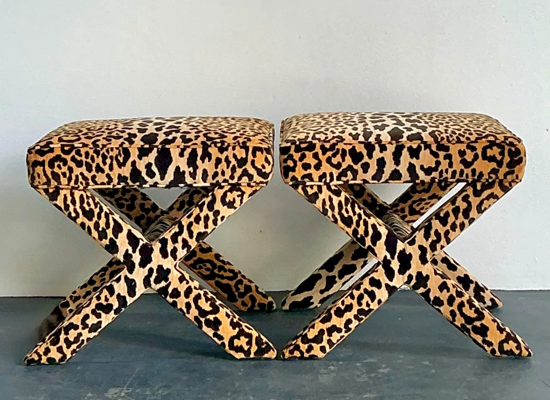Vintage Leopard Velvet X-Base Stools - A Pair — additional photo 2