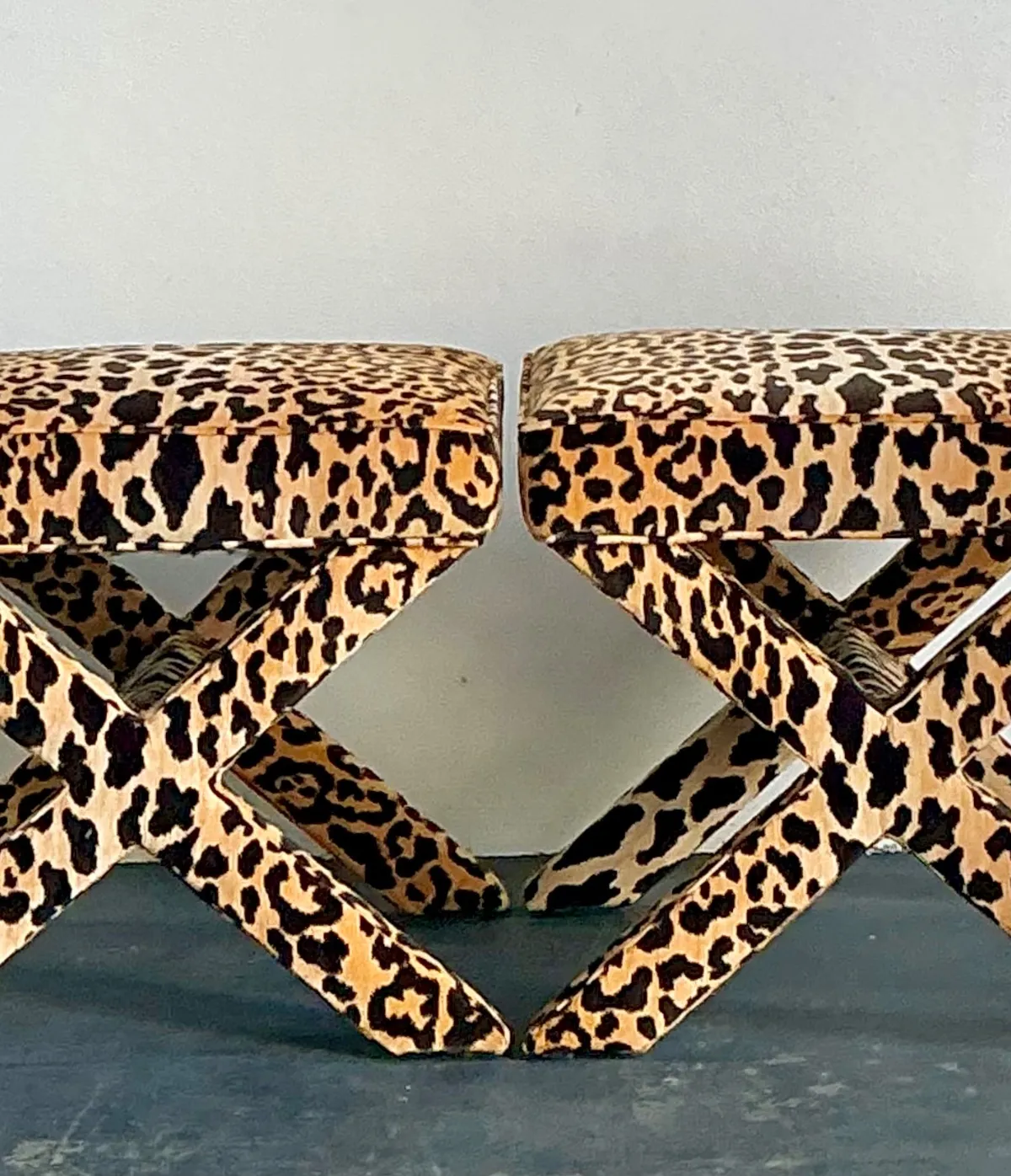 Vintage Leopard Velvet X-Base Stools - A Pair — additional photo 2