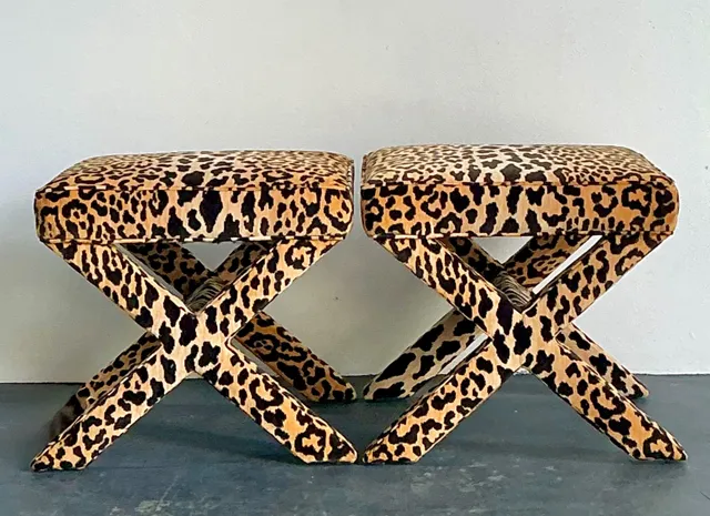 Vintage Leopard Velvet X-Base Stools - A Pair — additional photo 2