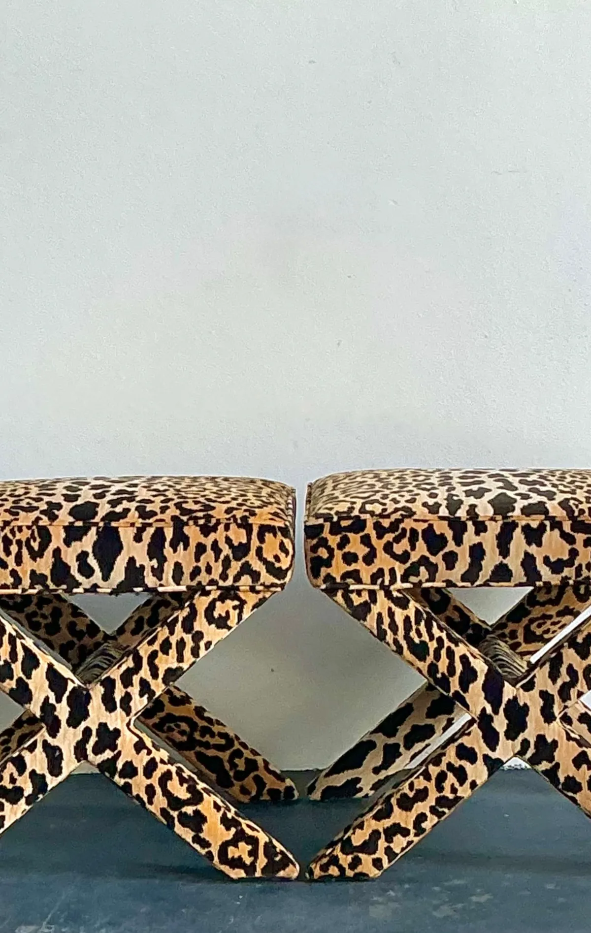 Vintage Leopard Velvet X-Base Stools - A Pair — additional photo 5