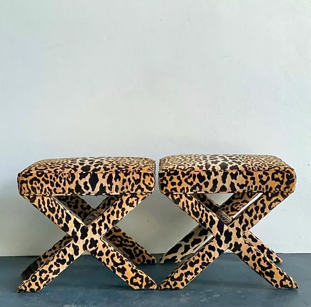 Vintage Leopard Velvet X-Base Stools - A Pair — additional photo 5