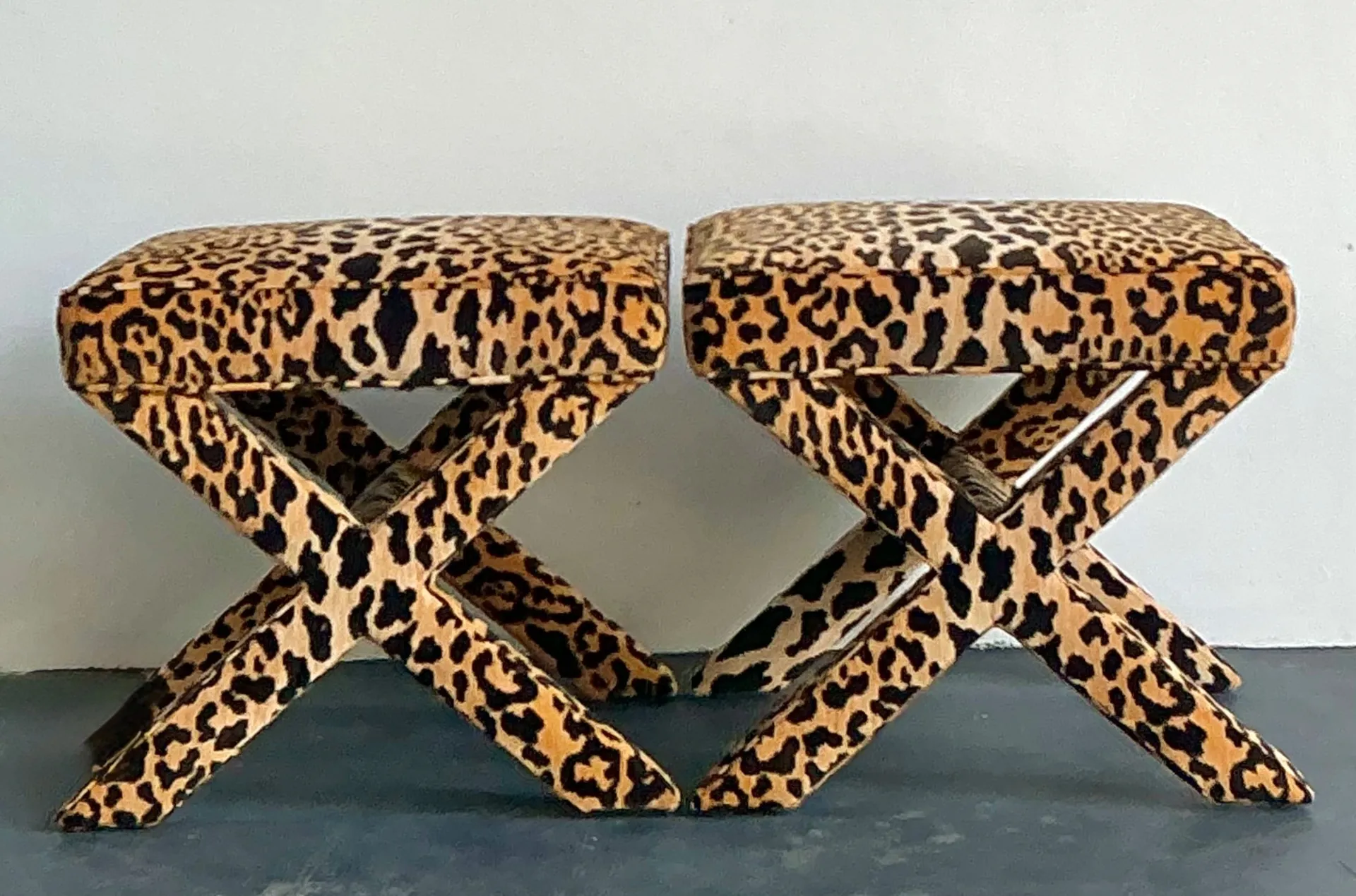 Vintage Leopard Velvet X-Base Stools - A Pair — additional photo 4