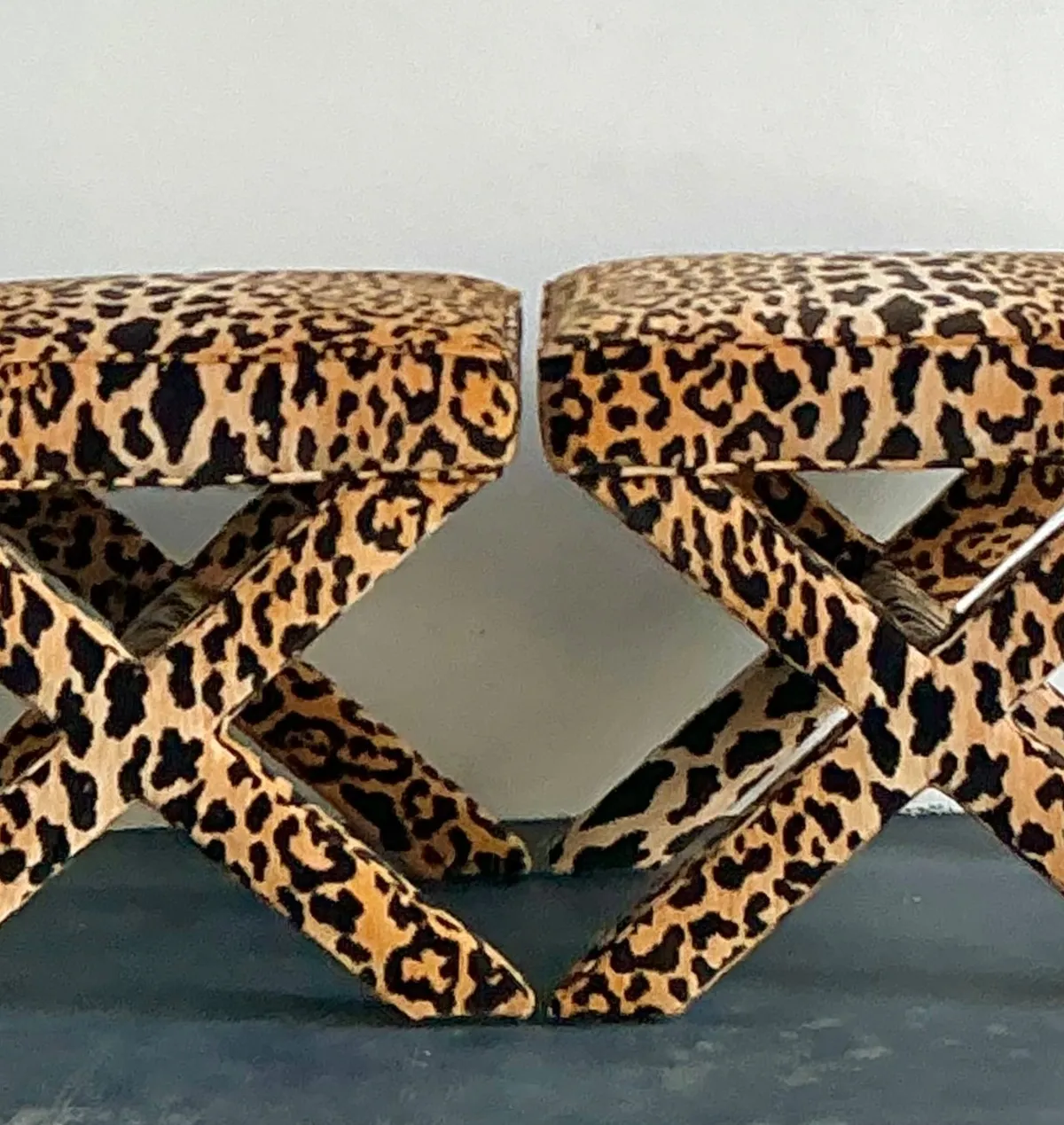 Vintage Leopard Velvet X-Base Stools - A Pair — additional photo 4