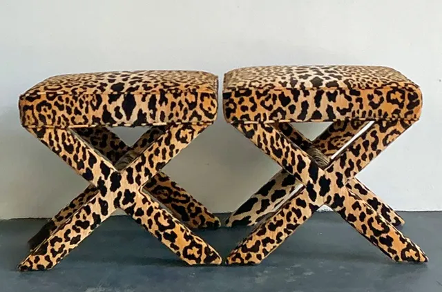Vintage Leopard Velvet X-Base Stools - A Pair — additional photo 4