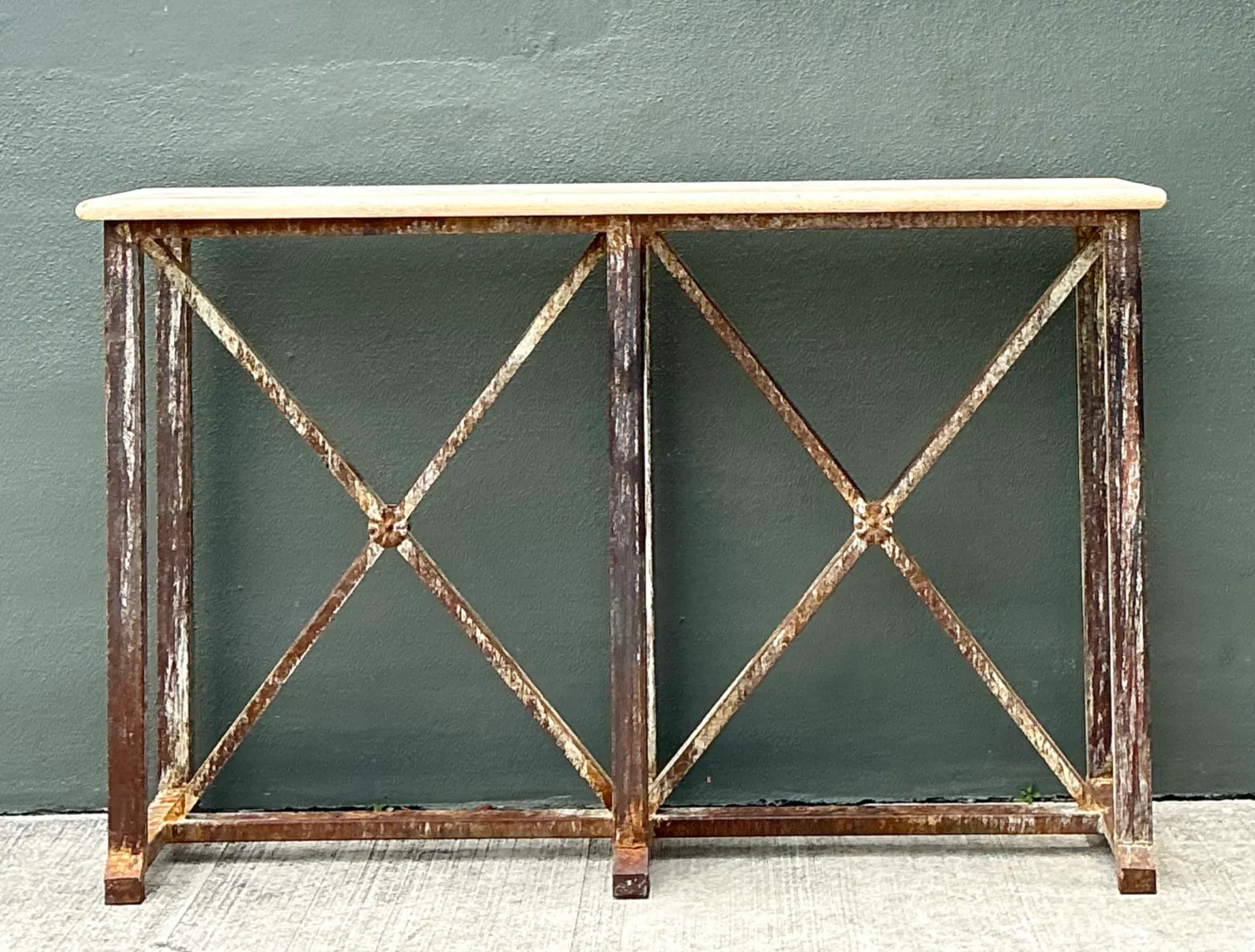 Vintage Patinated Metal And Stone Console Table — additional photo 2