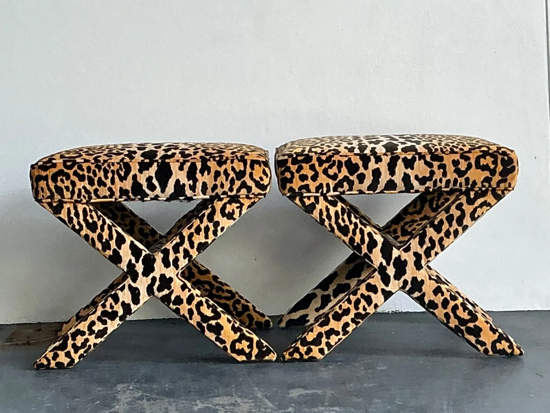 Vintage Leopard Velvet X-Base Stools - A Pair — additional photo 7
