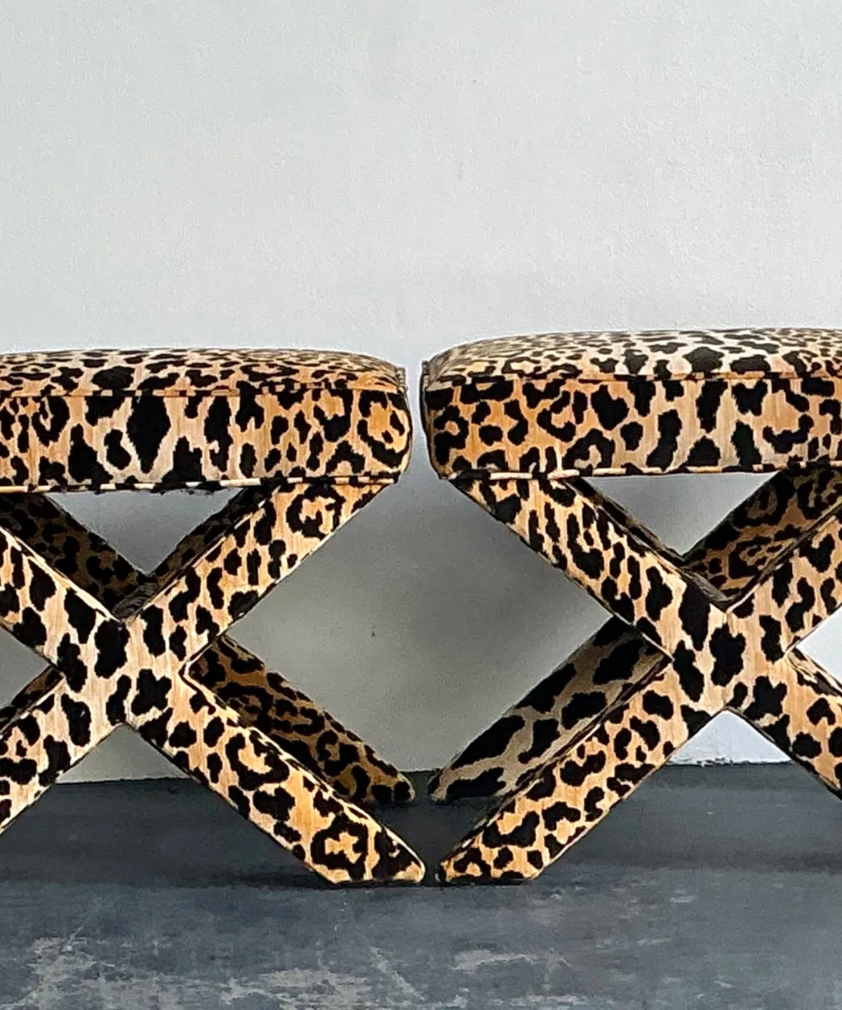 Vintage Leopard Velvet X-Base Stools - A Pair — additional photo 7