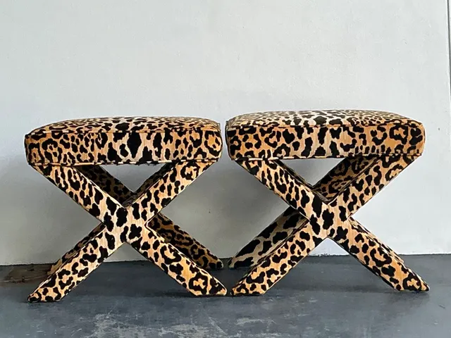 Vintage Leopard Velvet X-Base Stools - A Pair — additional photo 7