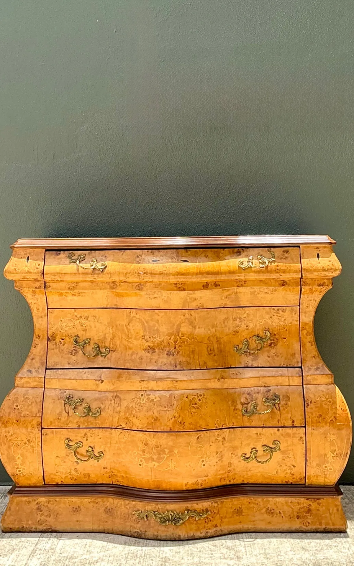 Vintage Burl Wood Marquetry Bombe Chest - Side view
