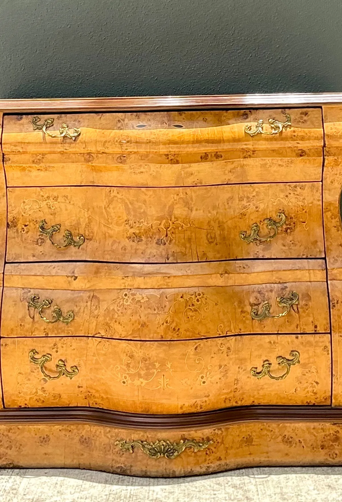 Vintage Burl Wood Marquetry Bombe Chest - Top view