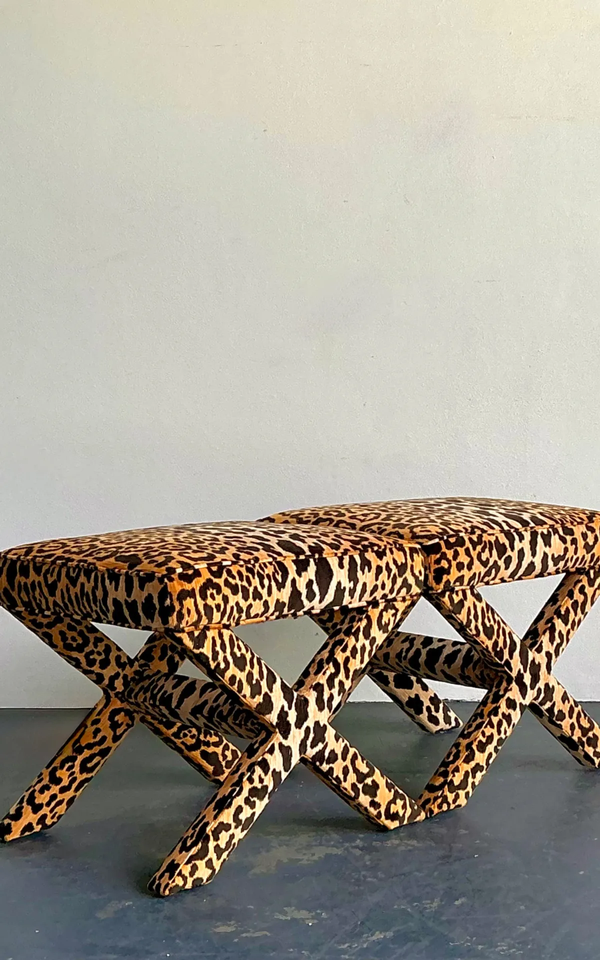 Vintage Leopard Velvet X-Base Stools - A Pair — additional photo 8