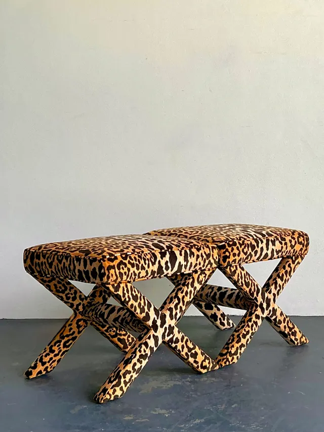 Vintage Leopard Velvet X-Base Stools - A Pair — additional photo 8