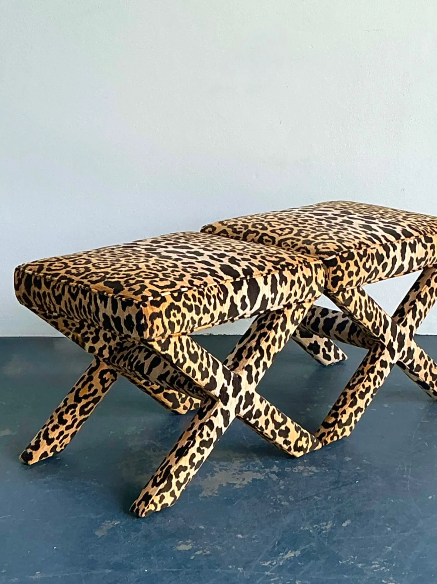 Vintage Leopard Velvet X-Base Stools - A Pair — additional photo 1