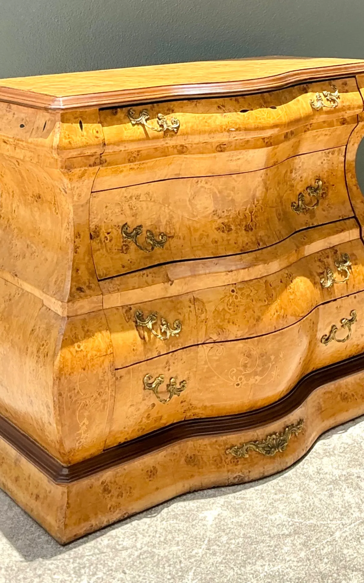 Vintage Burl Wood Marquetry Bombe Chest - Angle view