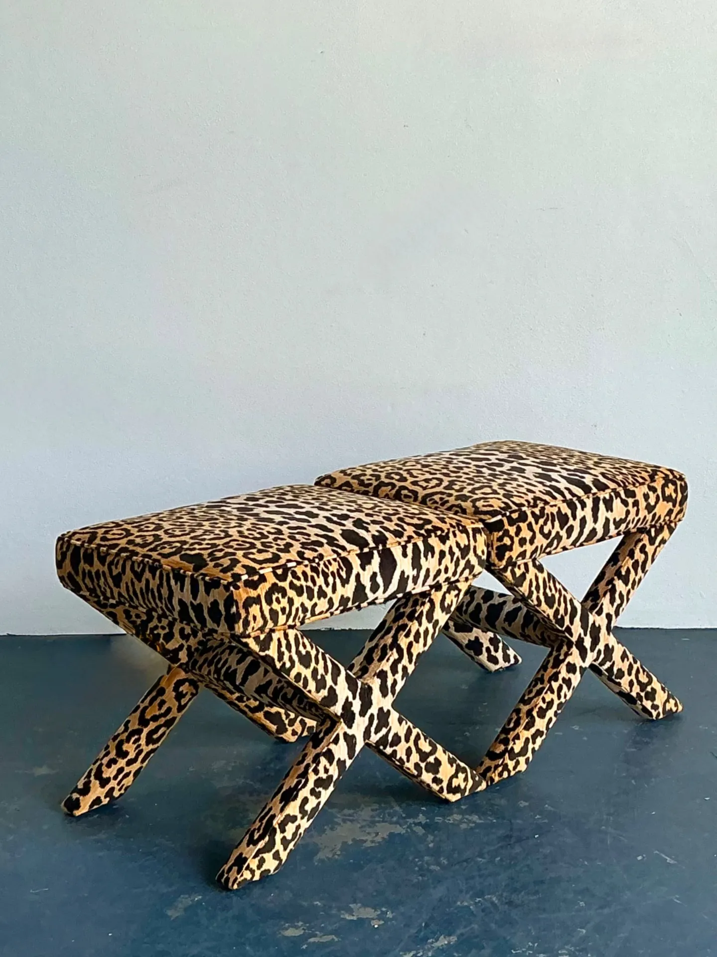 Vintage Leopard Velvet X-Base Stools - A Pair — additional photo 6
