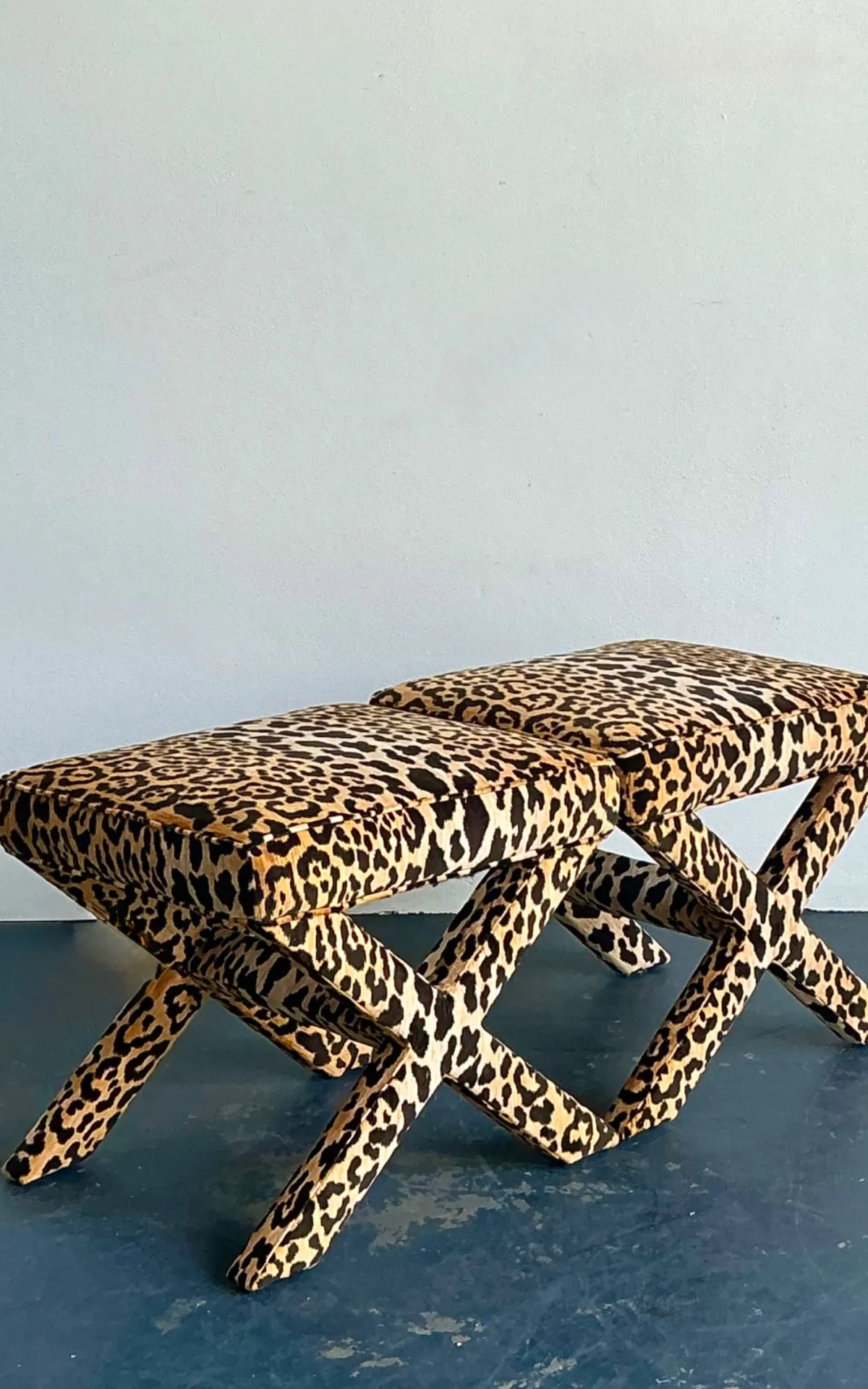 Vintage Leopard Velvet X-Base Stools - A Pair — additional photo 6