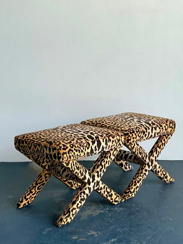 Vintage Leopard Velvet X-Base Stools - A Pair — additional photo 6