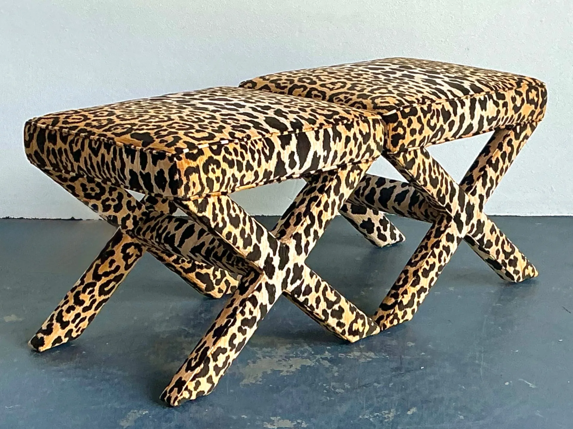 Vintage Leopard Velvet X-Base Stools - A Pair — additional photo 3