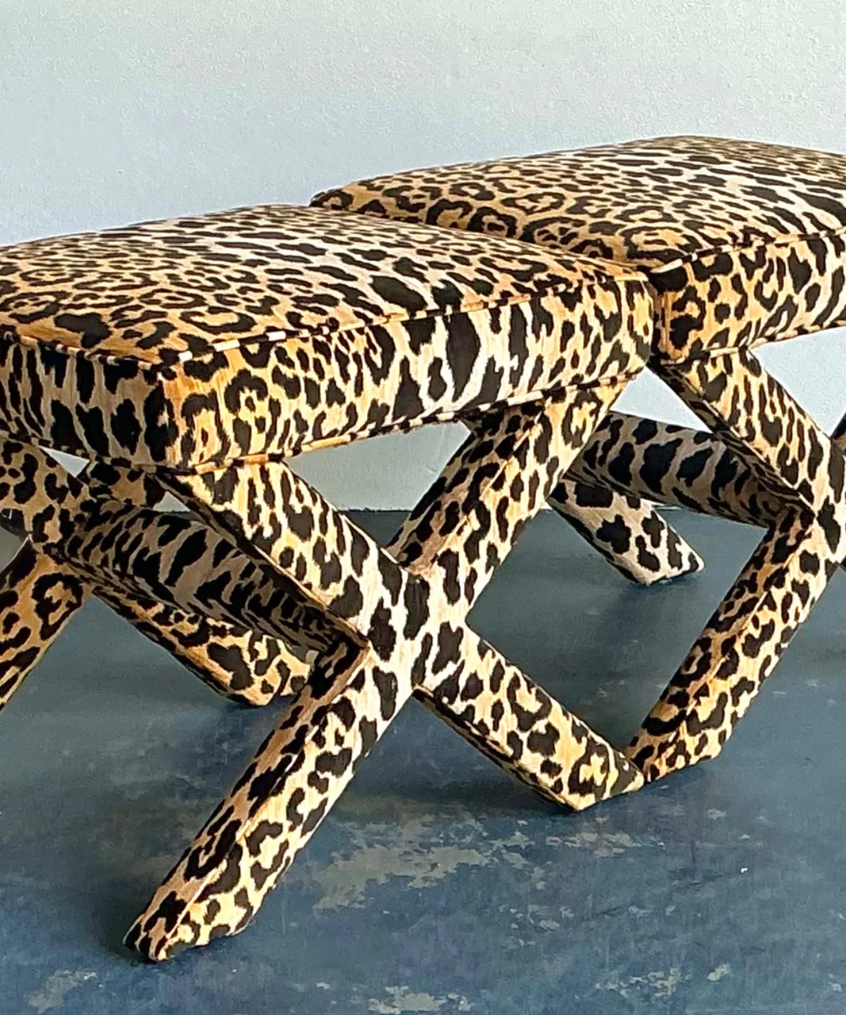 Vintage Leopard Velvet X-Base Stools - A Pair — additional photo 3