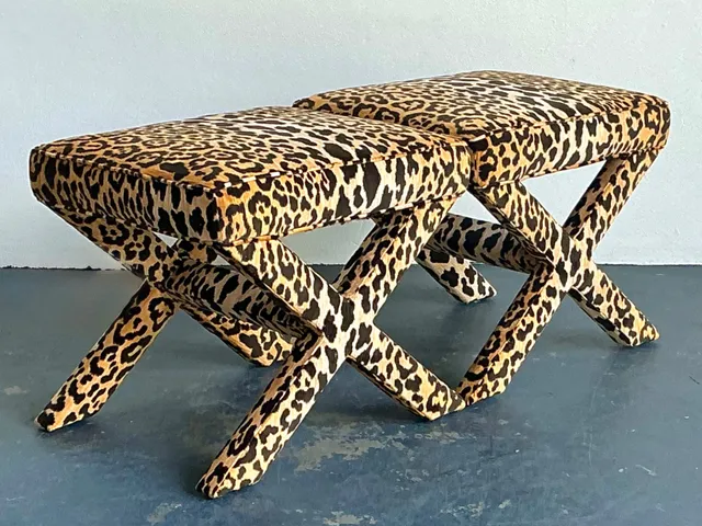 Vintage Leopard Velvet X-Base Stools - A Pair — additional photo 3