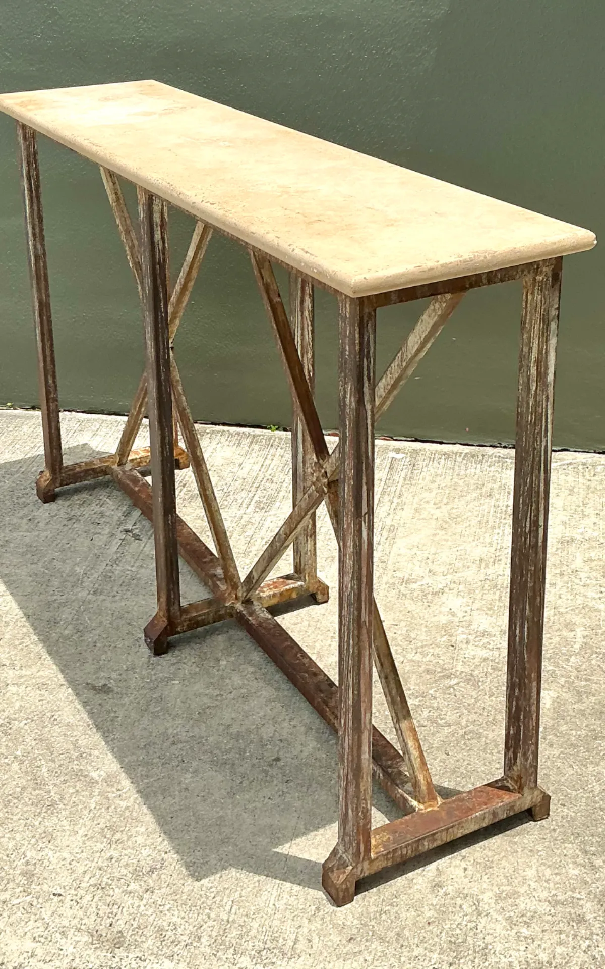 Vintage Patinated Metal And Stone Console Table