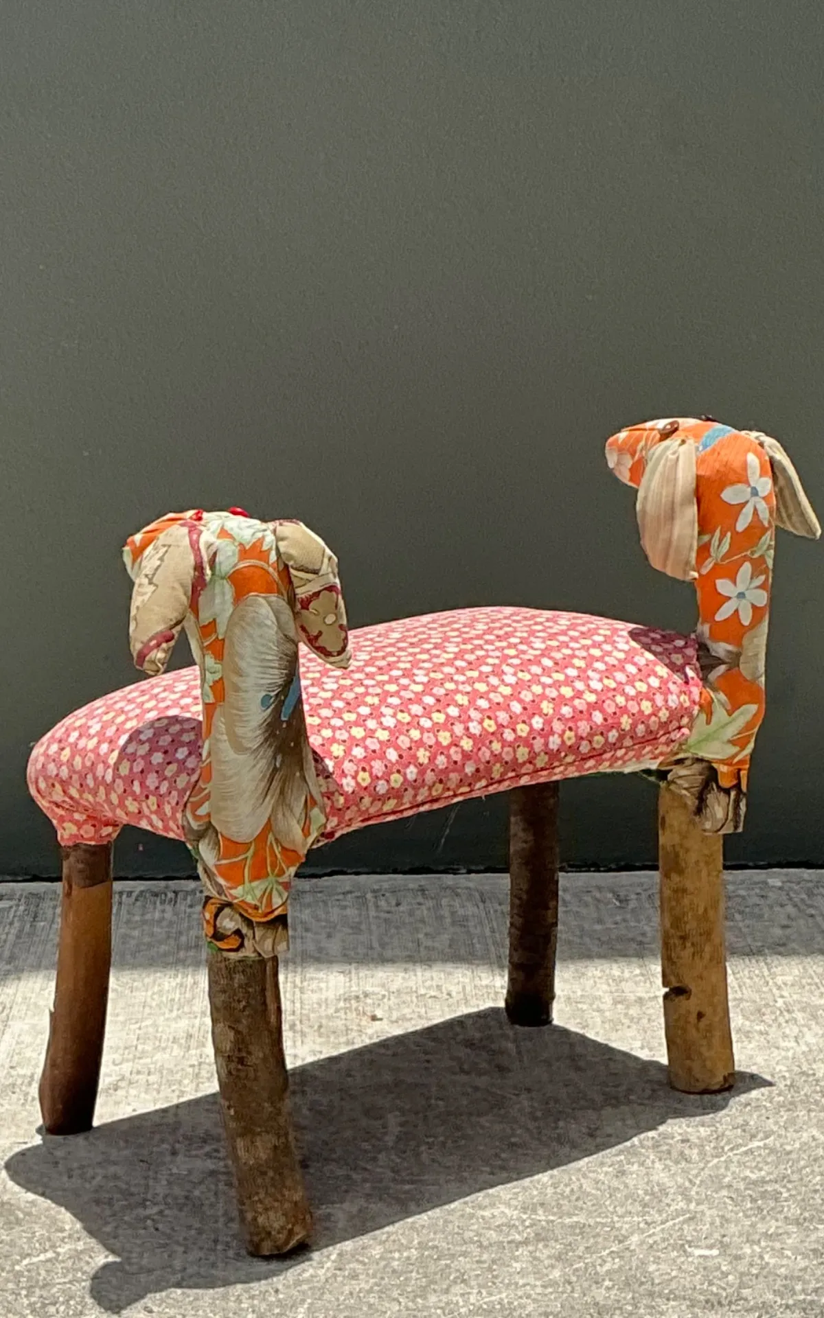 Vintage Handcrafted Textile and Wood Animal Bench