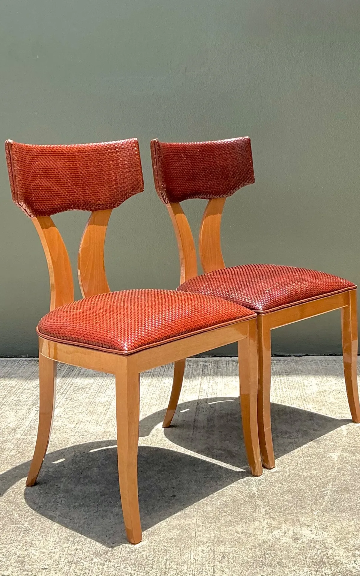 Vintage Wood and Woven Leather Dining Chairs - Pair