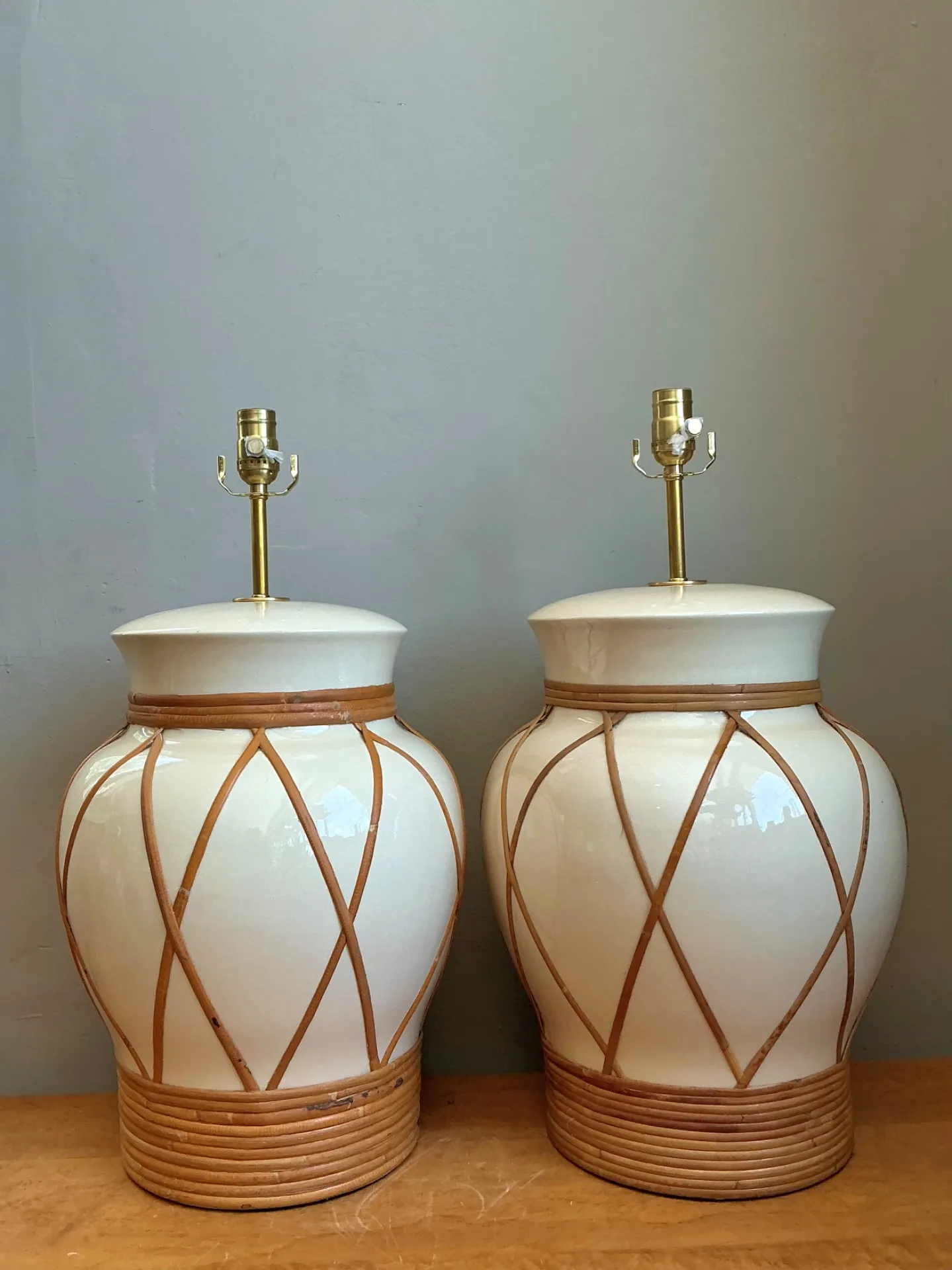 Vintage Ceramic and Rattan Table Lamps - Pair — additional photo 2