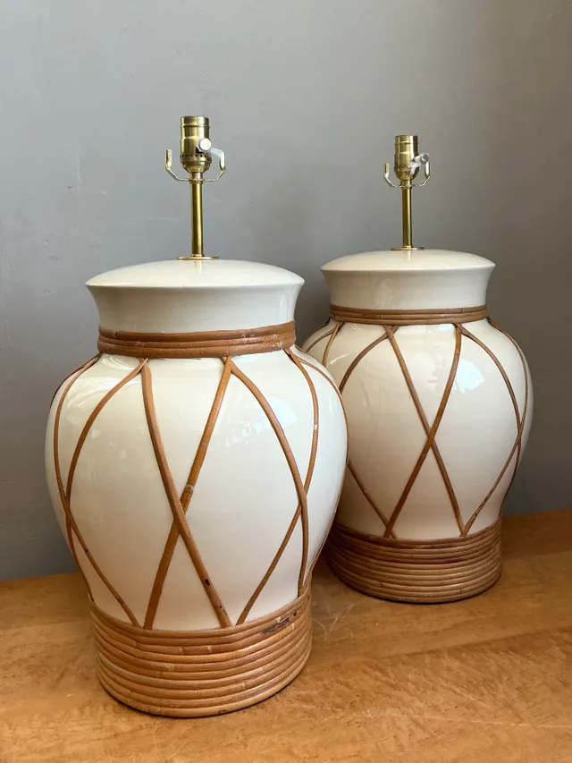 Vintage Ceramic and Rattan Table Lamps - Pair — additional photo 1