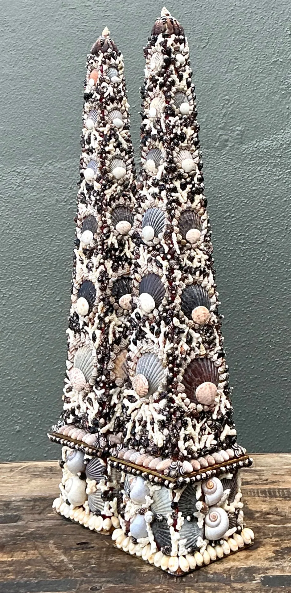 Vintage Shell Encrusted Obelisks - A Pair