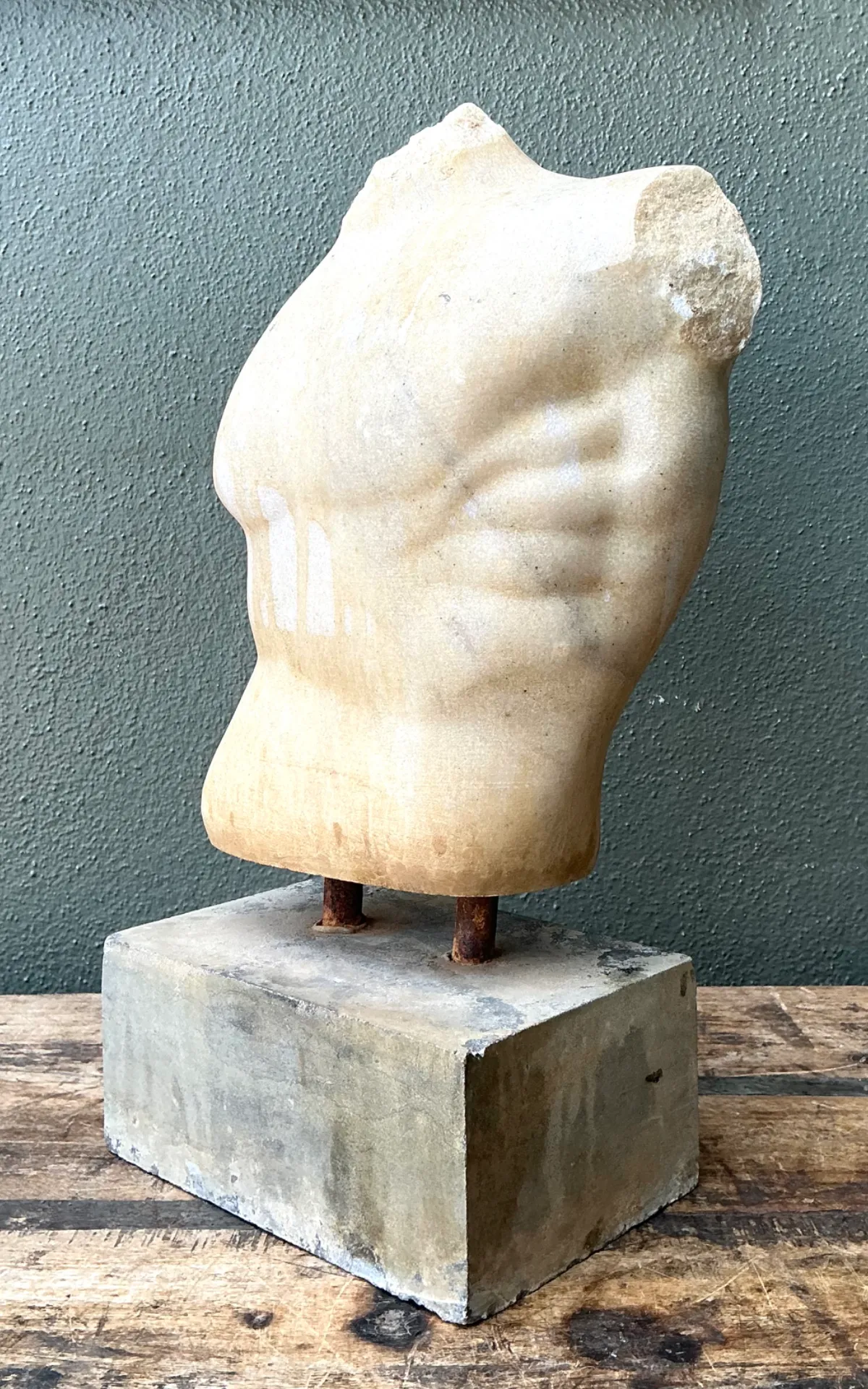 Vintage Stone Torso Sculpture on Cement Base