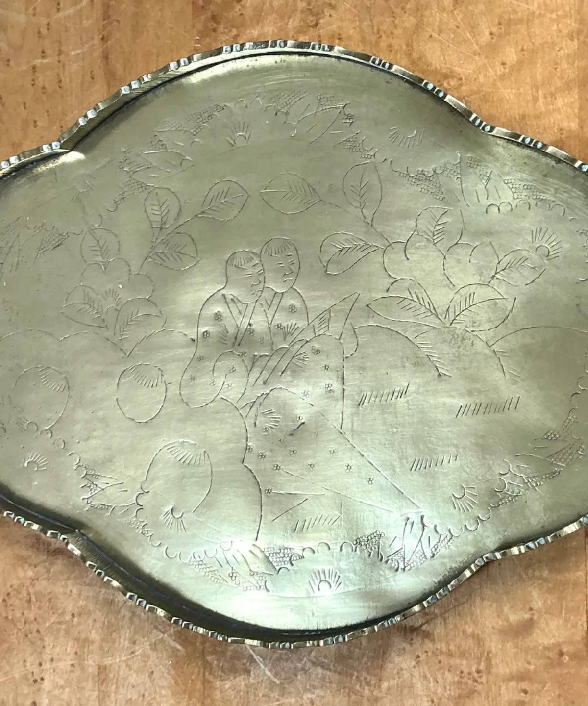 Vintage Engraved Chinoiserie Brass Tray