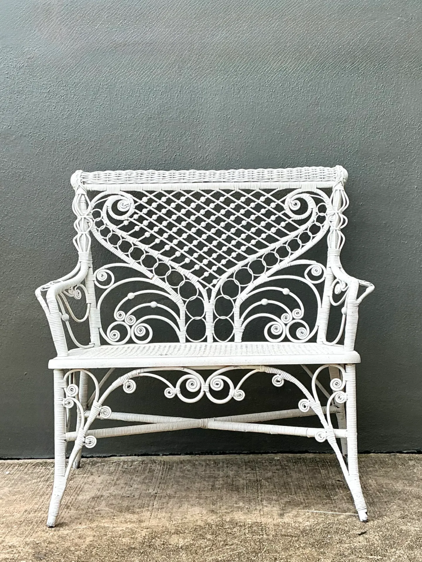 Vintage White Fiddlehead Rattan Garden Bench — additional photo 6