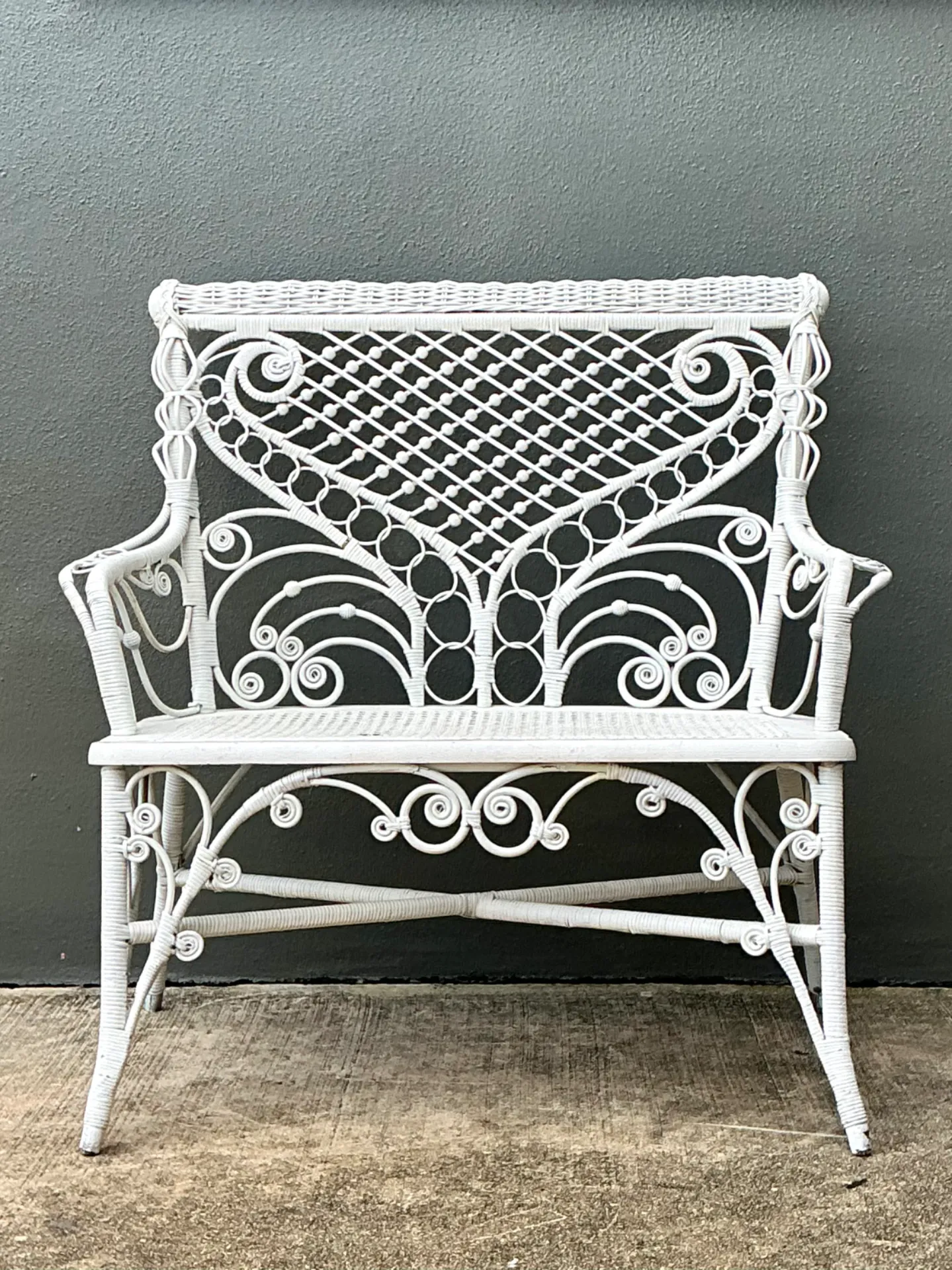 Vintage White Fiddlehead Rattan Garden Bench — additional photo 2