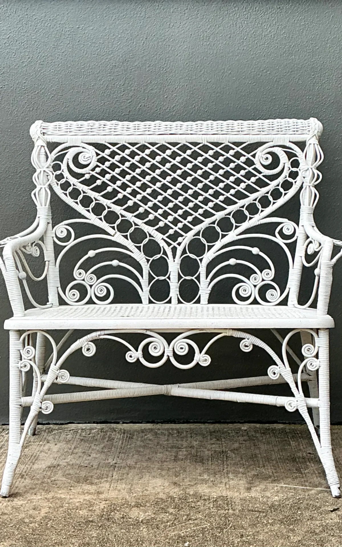 Vintage White Fiddlehead Rattan Garden Bench — additional photo 2