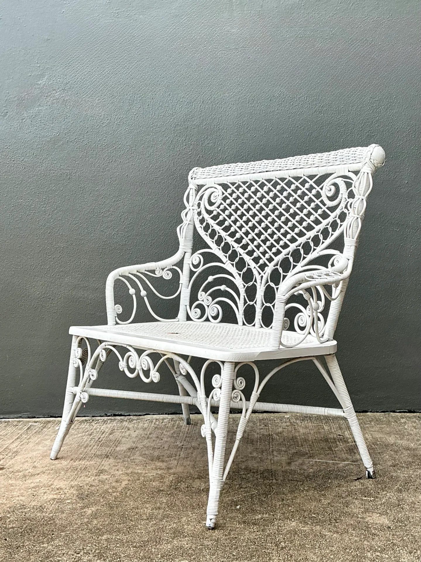 Vintage White Fiddlehead Rattan Garden Bench — additional photo 7