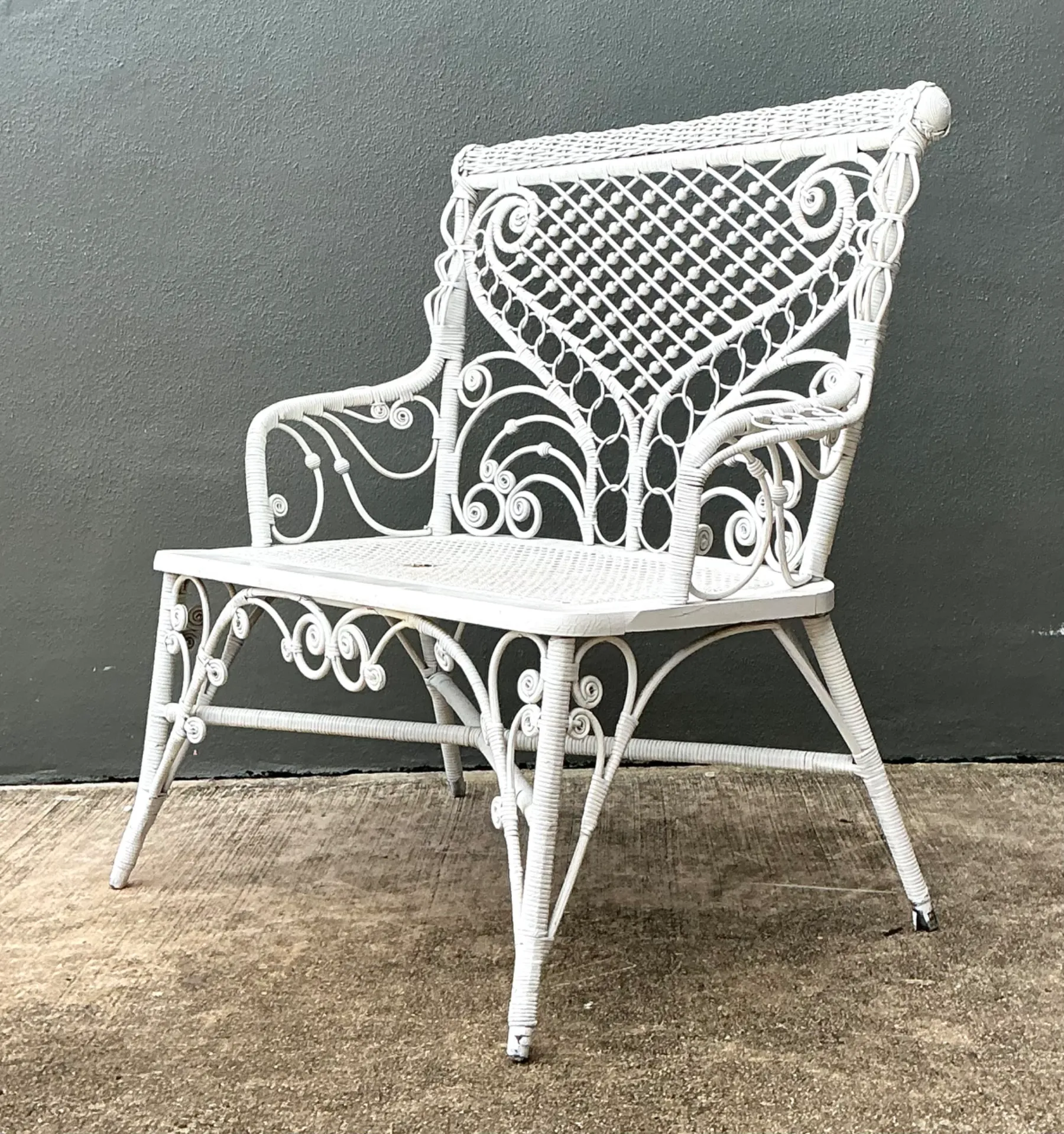 Vintage White Fiddlehead Rattan Garden Bench — additional photo 1