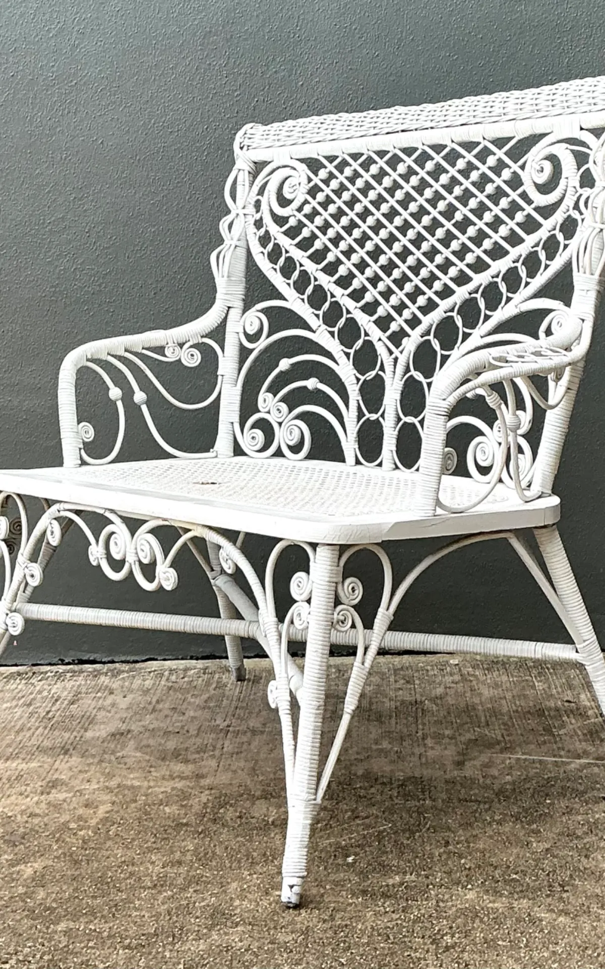 Vintage White Fiddlehead Rattan Garden Bench