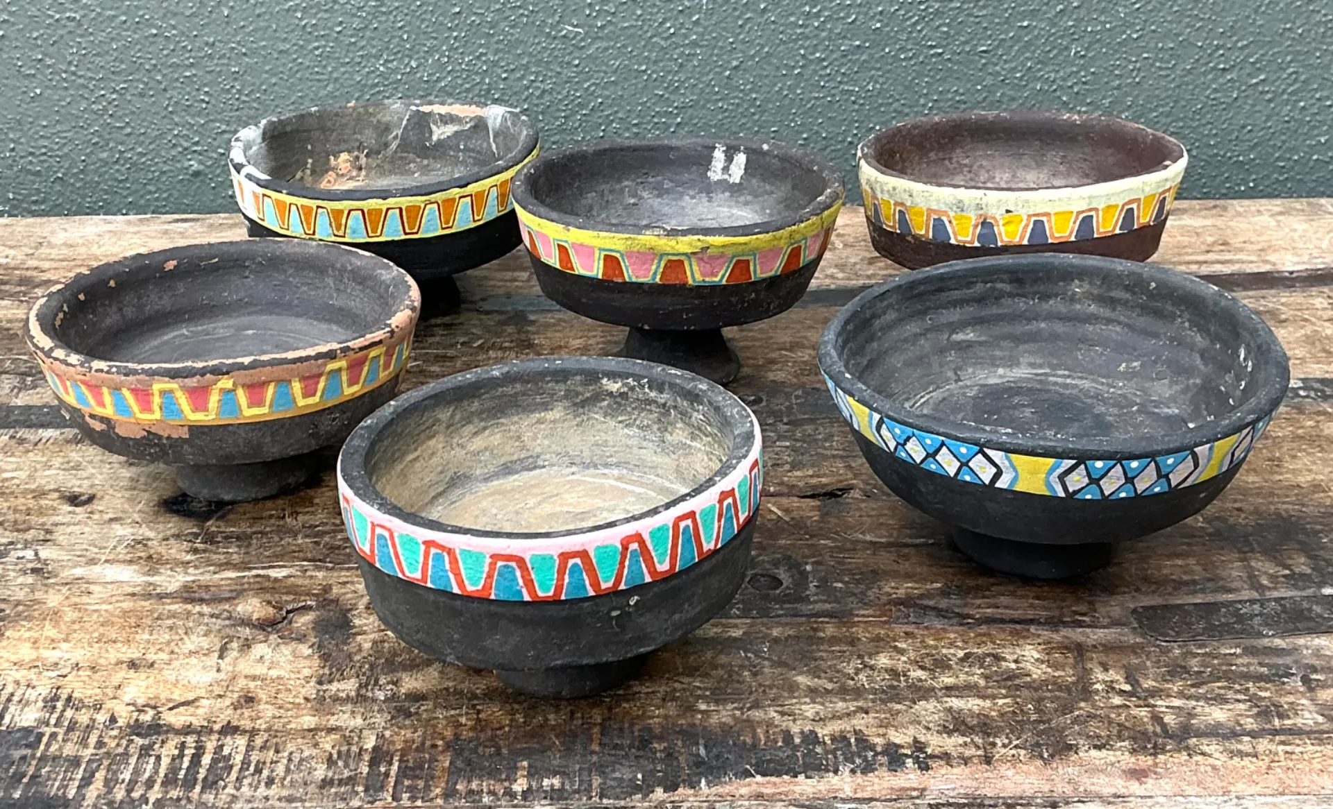 Vintage Painted Ceramic Pedestal Bowls - Set of 6 — additional photo 3