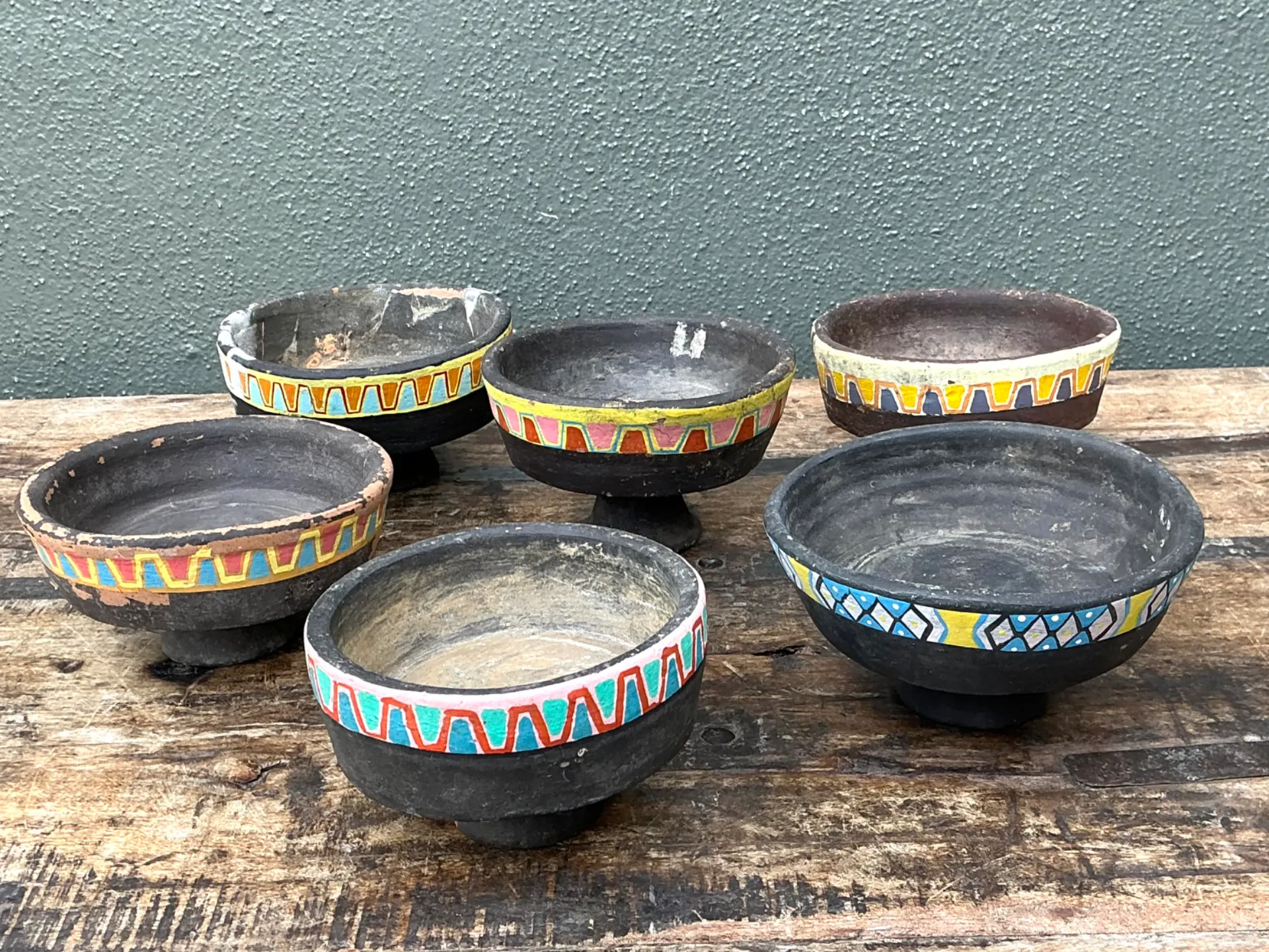 Vintage Painted Ceramic Pedestal Bowls - Set of 6 — additional photo 1