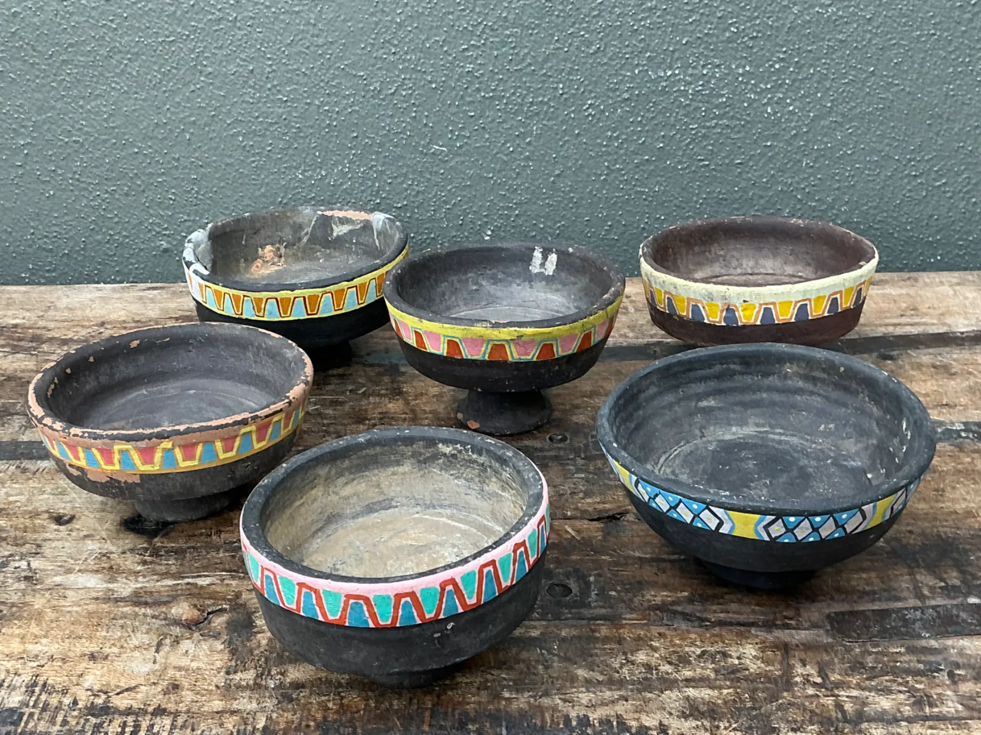 Vintage Painted Ceramic Pedestal Bowls - Set of 6 — additional photo 6