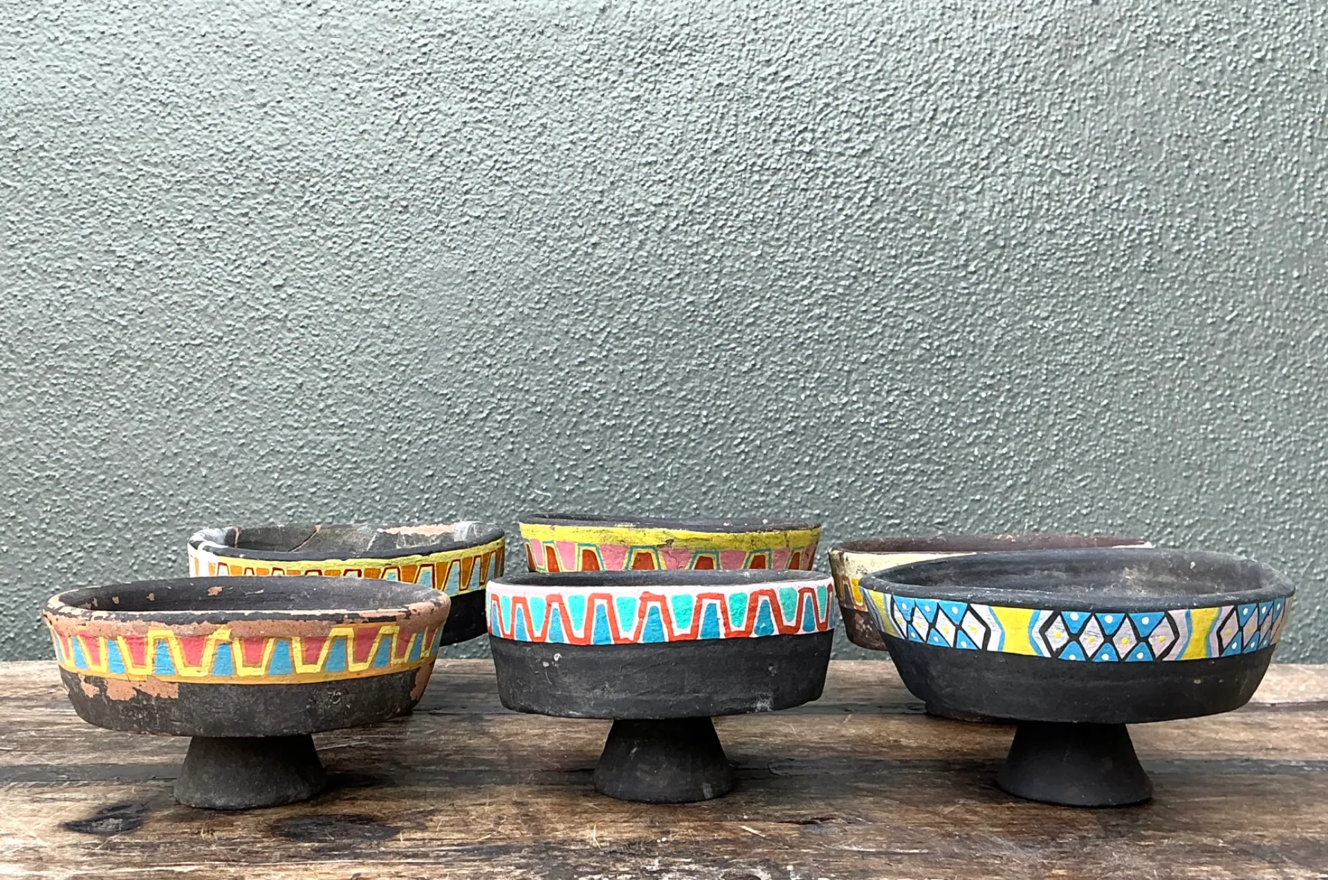 Vintage Painted Ceramic Pedestal Bowls - Set of 6 — additional photo 2