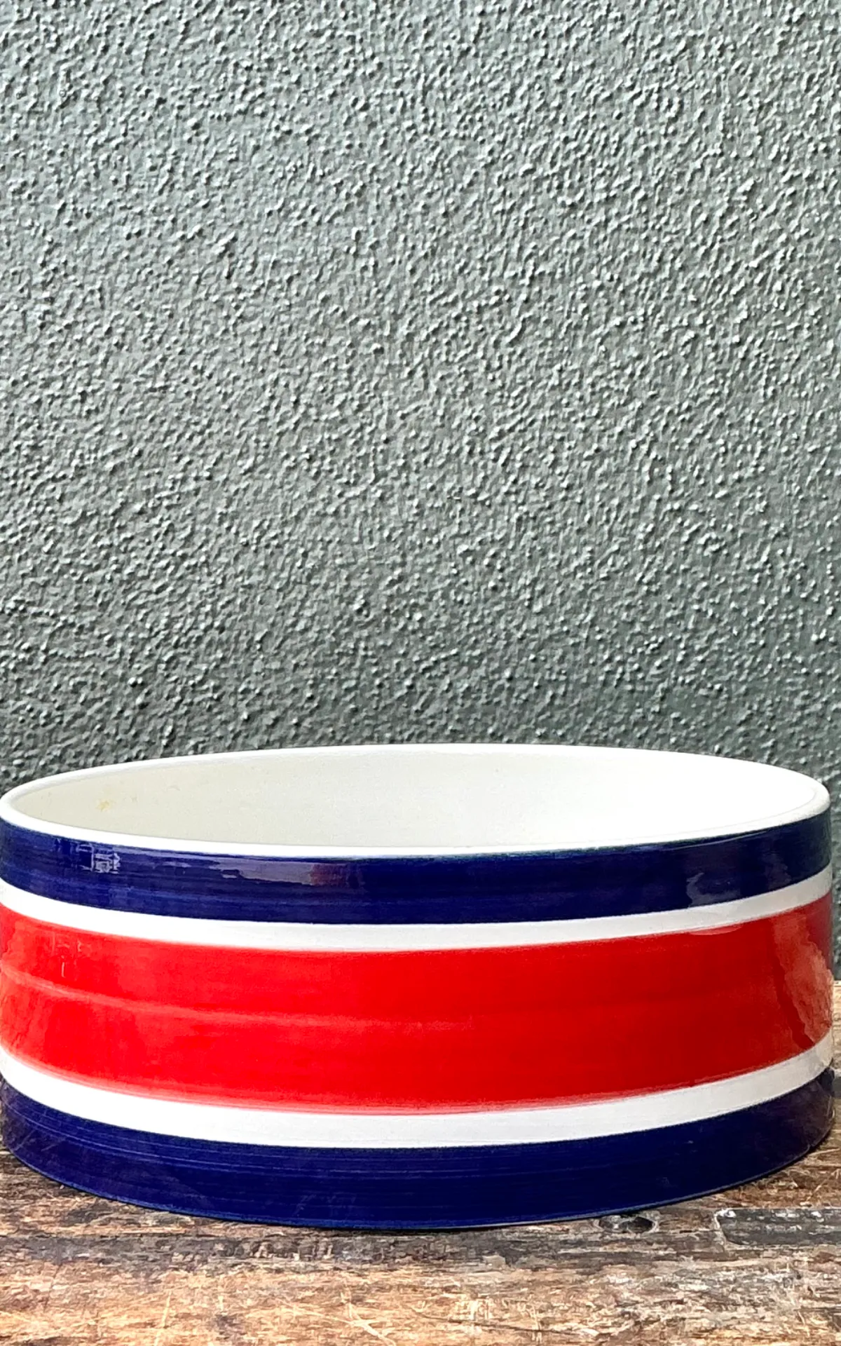 Vintage Italian Striped Ceramic Salad Bowl and Utensils