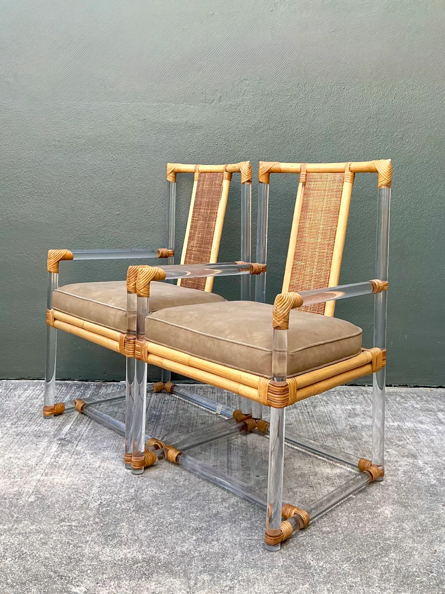 Vintage Four Seasons Lucite and Rattan Armchairs - Pair — additional photo 2