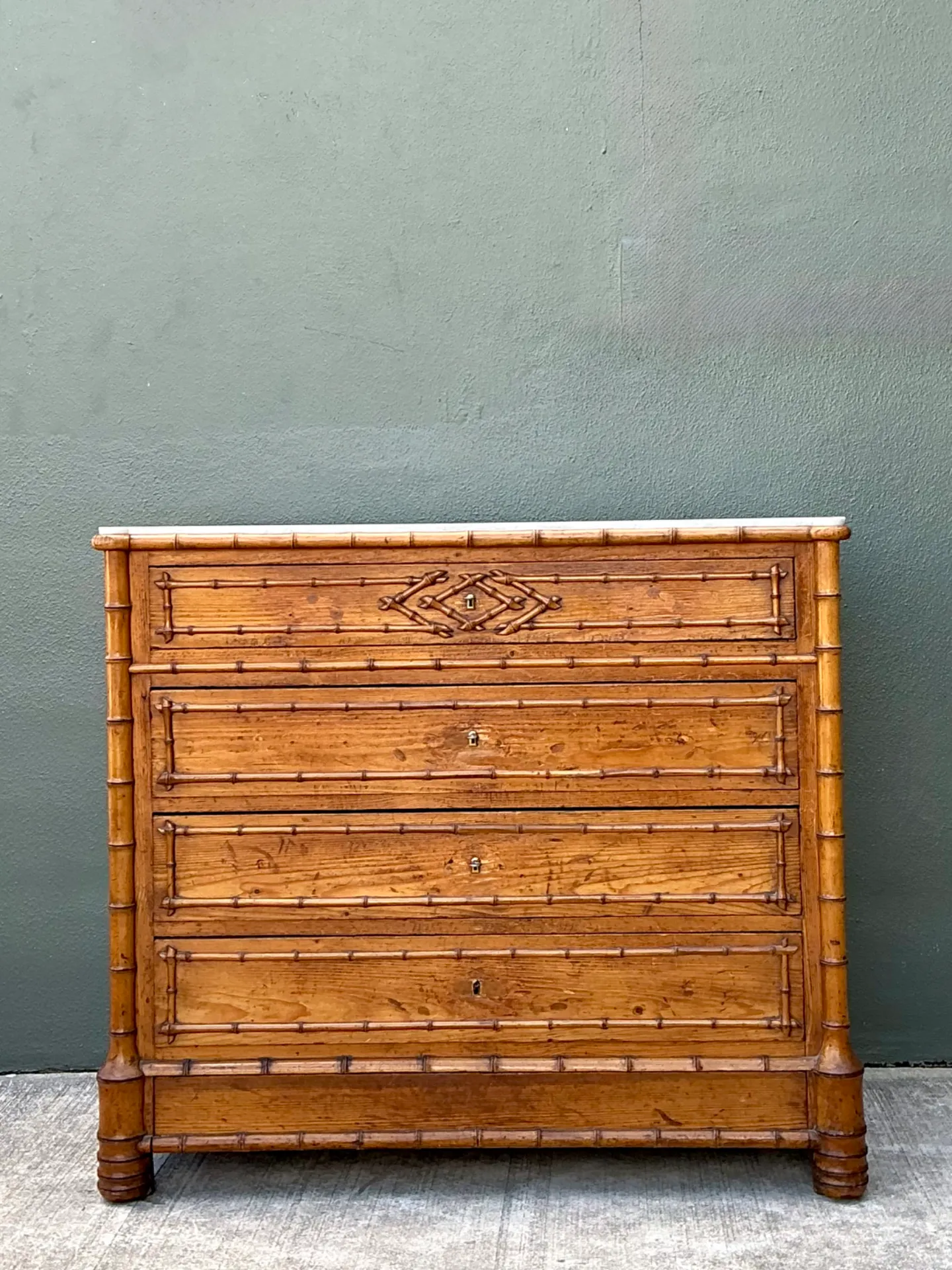 Vintage Wood and Marble Faux Bamboo Chest — additional photo 3