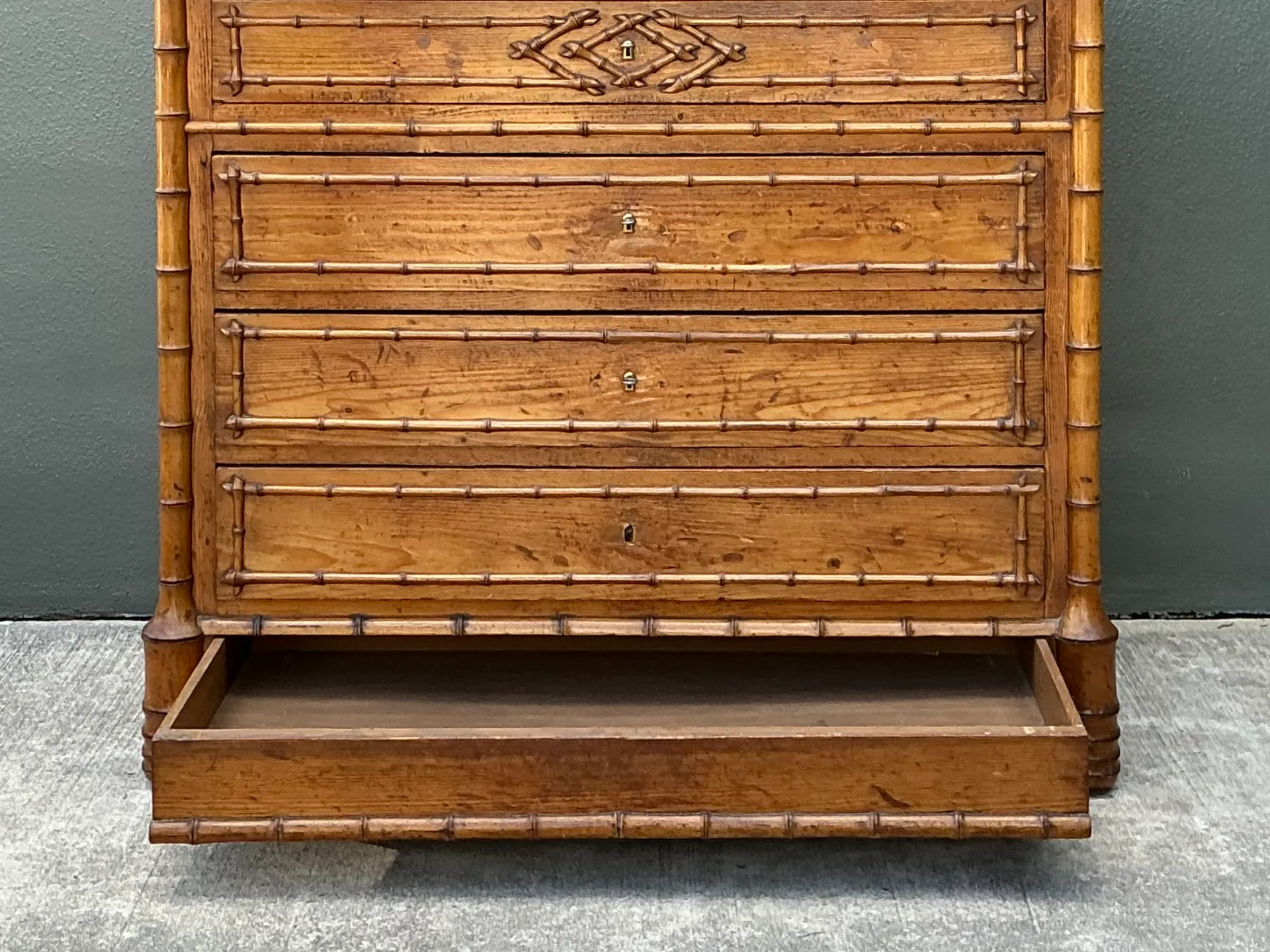 Vintage Wood and Marble Faux Bamboo Chest — additional photo 4