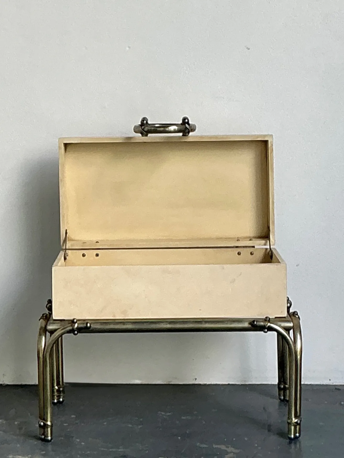 Vintage Brass and Parchment Box on Chrome Stand After Karl Springer — additional photo 1