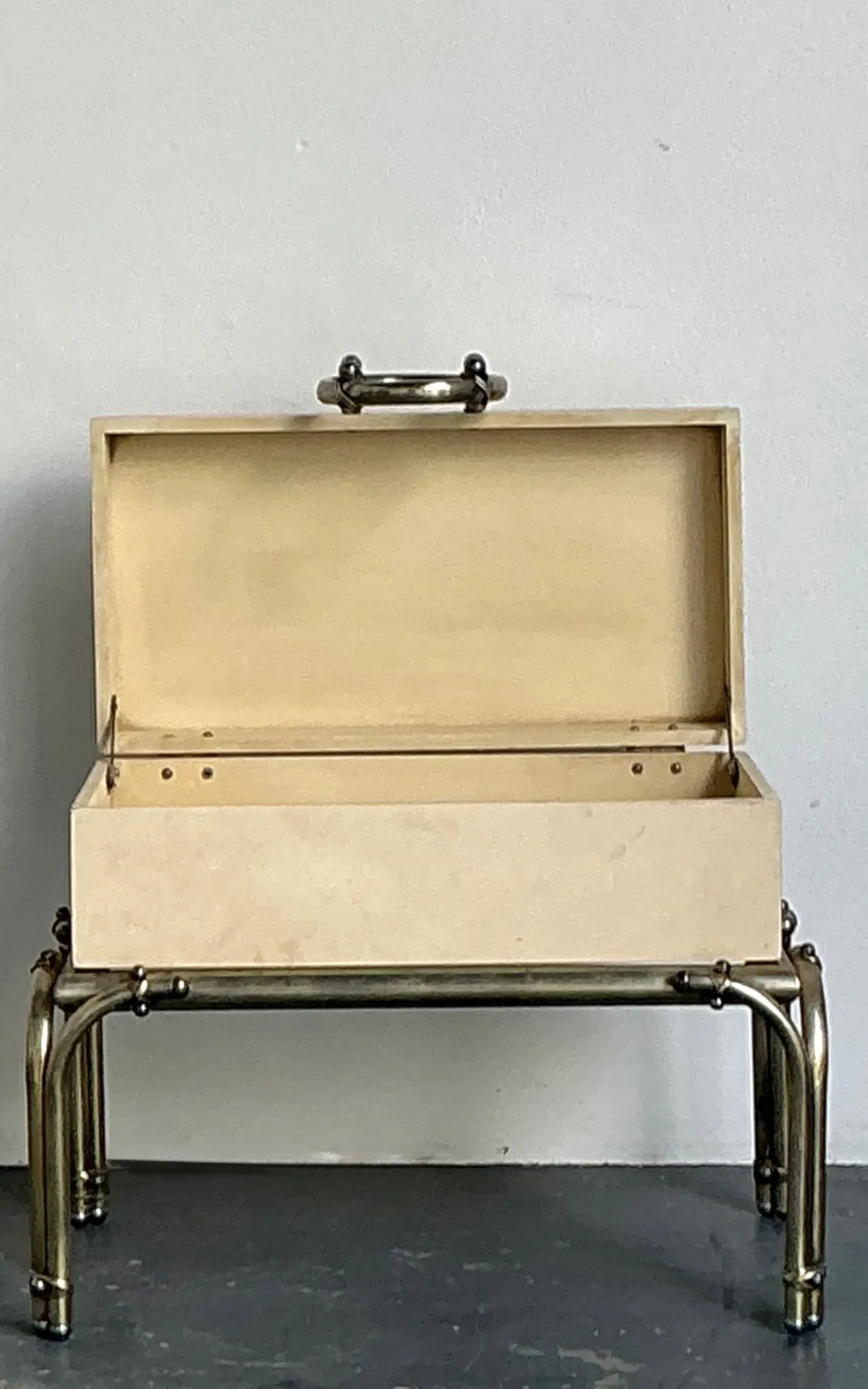 Vintage Brass and Parchment Box on Chrome Stand After Karl Springer