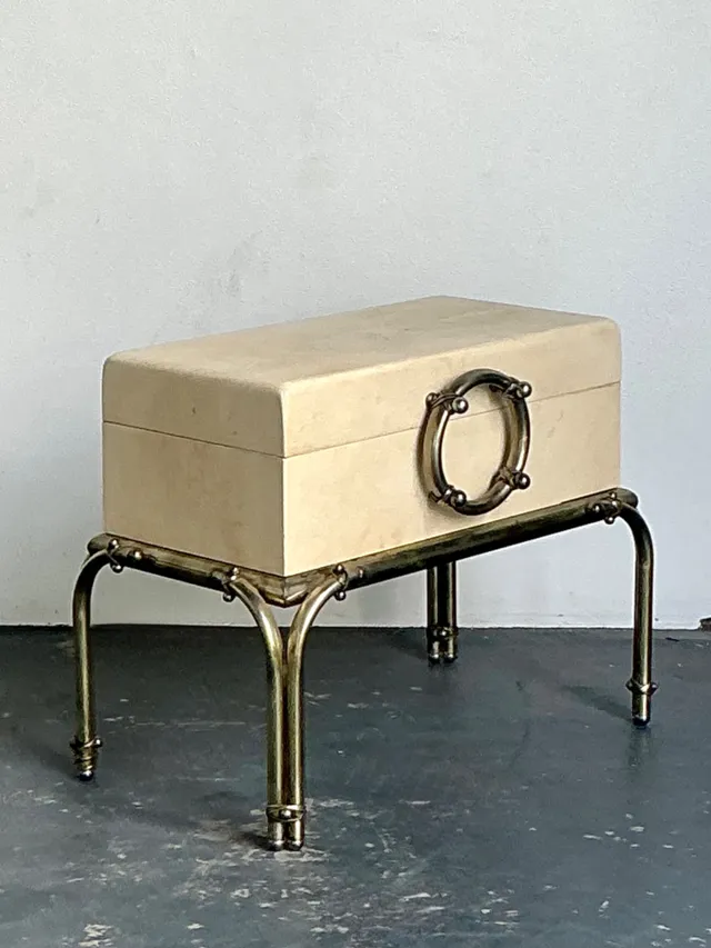 Vintage Brass and Parchment Box on Chrome Stand After Karl Springer — additional photo 6