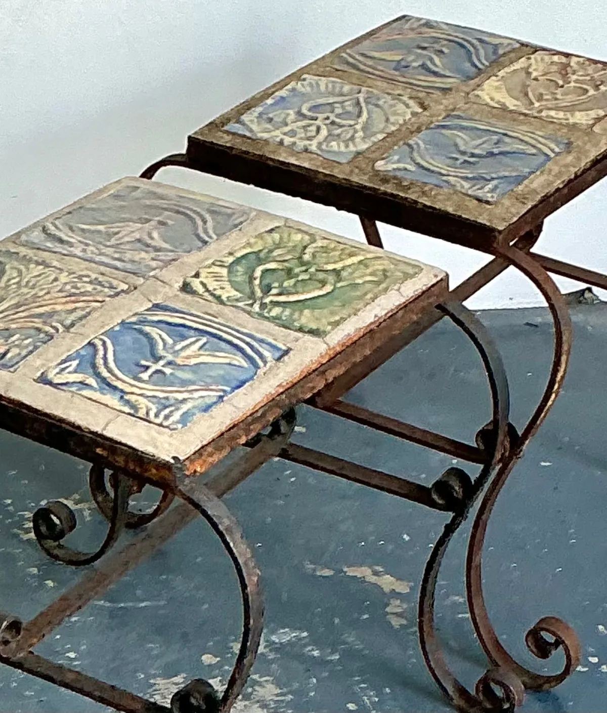 Vintage Italian Distressed Wrought Iron and Ceramic Tile Tables